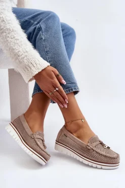 Loafersy Damskie|Mokasyny Na Platformie></noscript>Boto Damskie Ażurowe Mokasyny Beżowe Twista