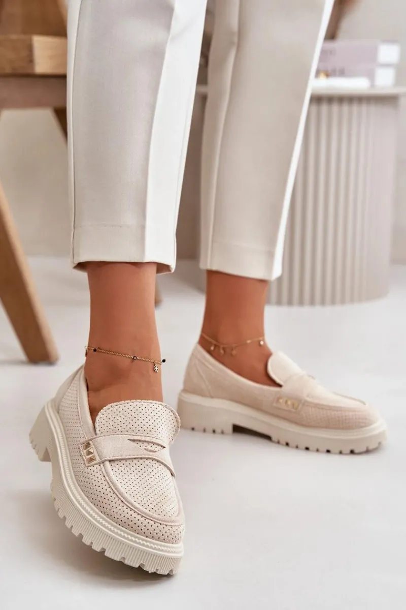 Discount Damskie Ażurowe Półbuty Mokasyny Jasnobeżowe Tannes Damskie Mokasyny Damskie Zamszowe