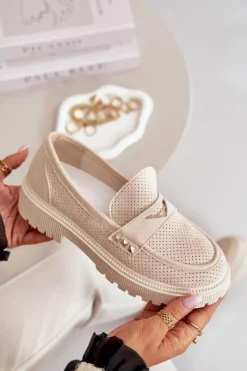 Discount Damskie Ażurowe Półbuty Mokasyny Jasnobeżowe Tannes Damskie Mokasyny Damskie Zamszowe
