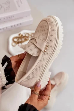 Discount Damskie Ażurowe Półbuty Mokasyny Jasnobeżowe Tannes Damskie Mokasyny Damskie Zamszowe