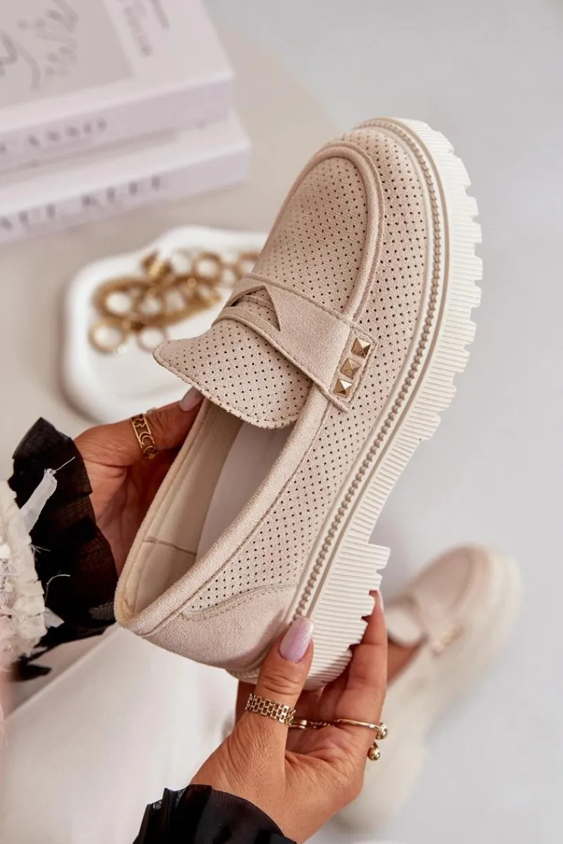 Discount Damskie Ażurowe Półbuty Mokasyny Jasnobeżowe Tannes Damskie Mokasyny Damskie Zamszowe