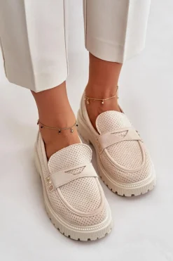 Discount Damskie Ażurowe Półbuty Mokasyny Jasnobeżowe Tannes Damskie Mokasyny Damskie Zamszowe