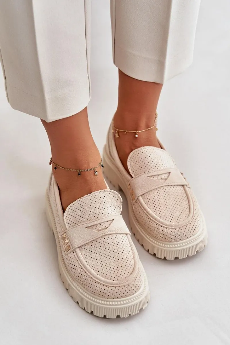 Discount Damskie Ażurowe Półbuty Mokasyny Jasnobeżowe Tannes Damskie Mokasyny Damskie Zamszowe