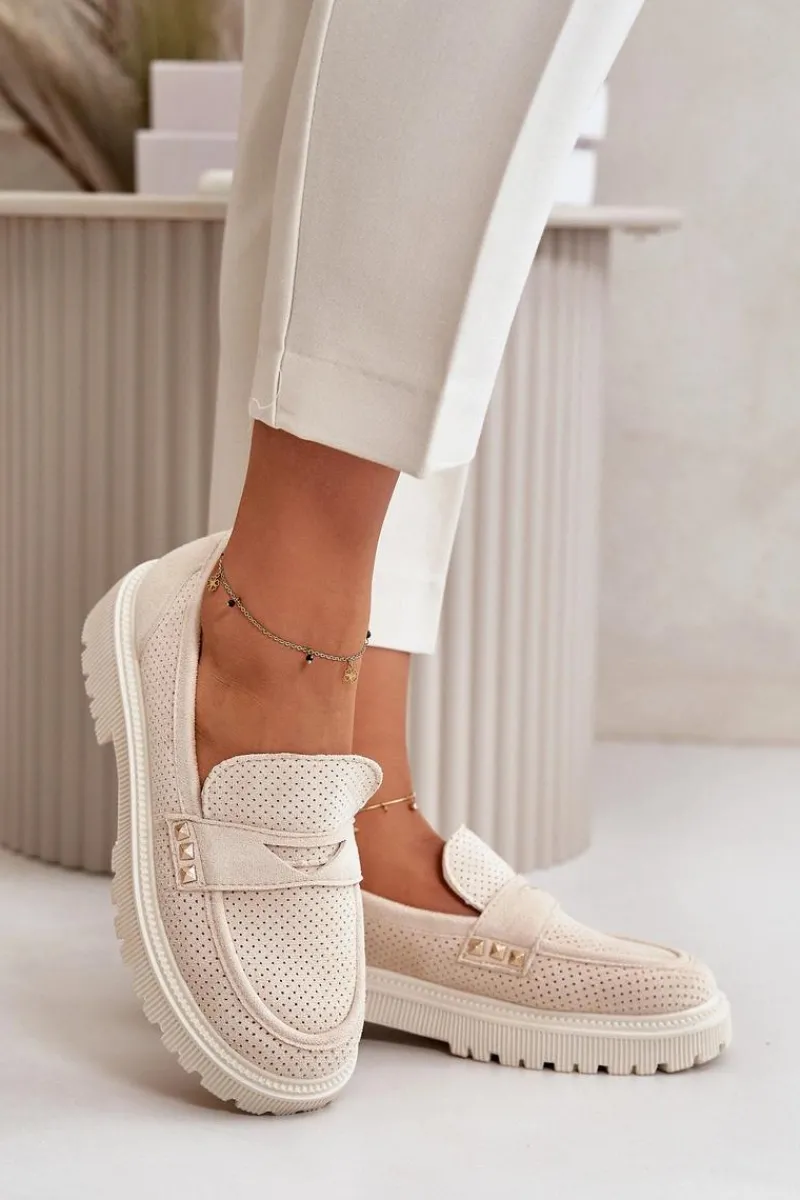 Discount Damskie Ażurowe Półbuty Mokasyny Jasnobeżowe Tannes Damskie Mokasyny Damskie Zamszowe