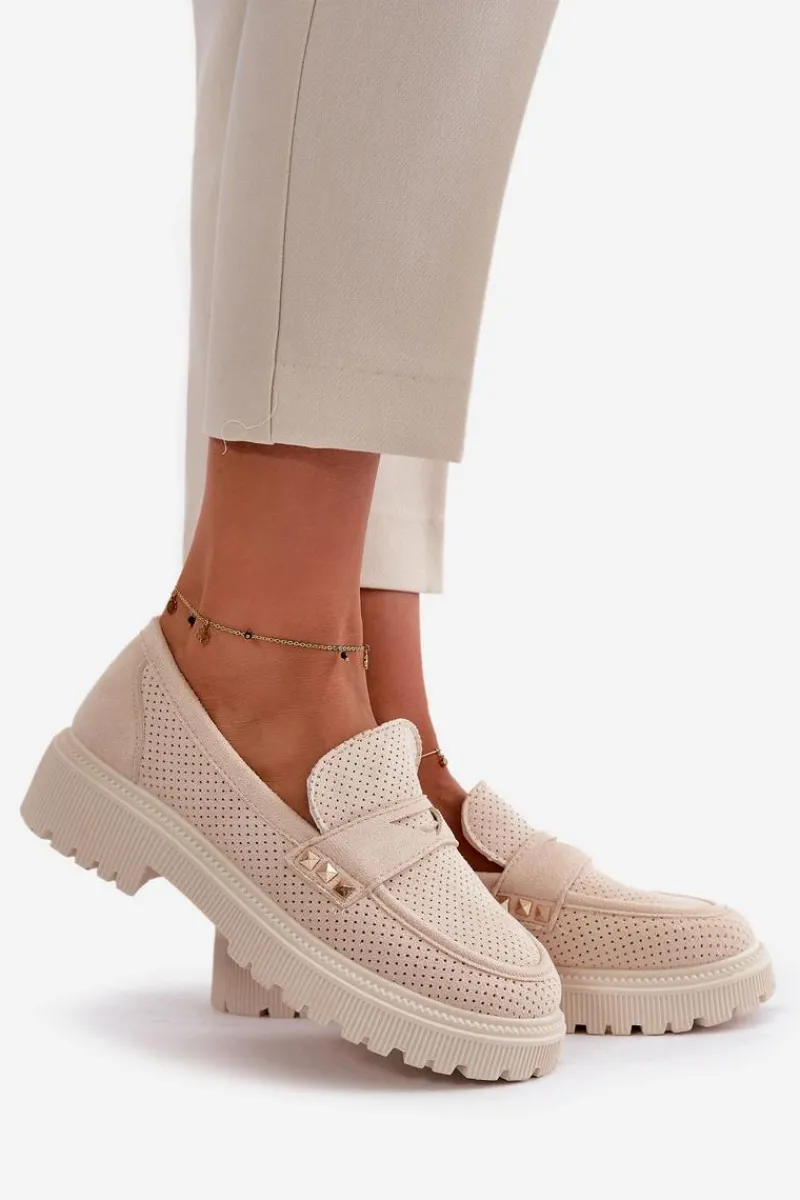 Discount Damskie Ażurowe Półbuty Mokasyny Jasnobeżowe Tannes Damskie Mokasyny Damskie Zamszowe