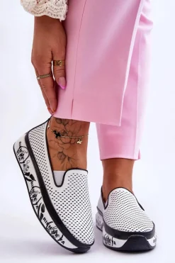 Damskie Ażurowe Skórzane Tenisówki Slip-On Białe Sorito Damskie Trampki Damskie Slip-On|Trampki Damskie Niskie