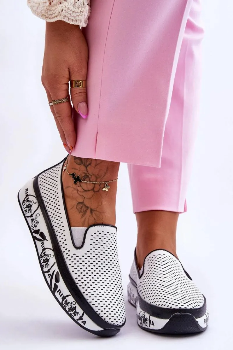 Damskie Ażurowe Skórzane Tenisówki Slip-On Białe Sorito Damskie Trampki Damskie Slip-On|Trampki Damskie Niskie