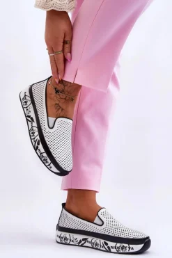 Damskie Ażurowe Skórzane Tenisówki Slip-On Białe Sorito Damskie Trampki Damskie Slip-On|Trampki Damskie Niskie