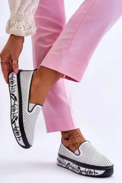 Damskie Ażurowe Skórzane Tenisówki Slip-On Białe Sorito Damskie Trampki Damskie Slip-On|Trampki Damskie Niskie