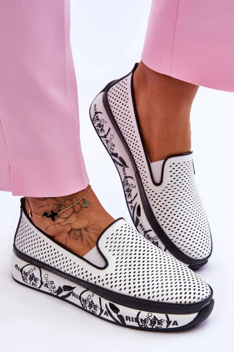 Damskie Ażurowe Skórzane Tenisówki Slip-On Białe Sorito Damskie Trampki Damskie Slip-On|Trampki Damskie Niskie