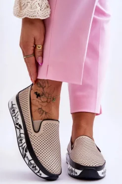 Sale Damskie buty S.Barski Damskie Ażurowe Skórzane Tenisówki Slip-On Beżowe Sorito