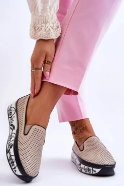 Sale Damskie buty S.Barski Damskie Ażurowe Skórzane Tenisówki Slip-On Beżowe Sorito