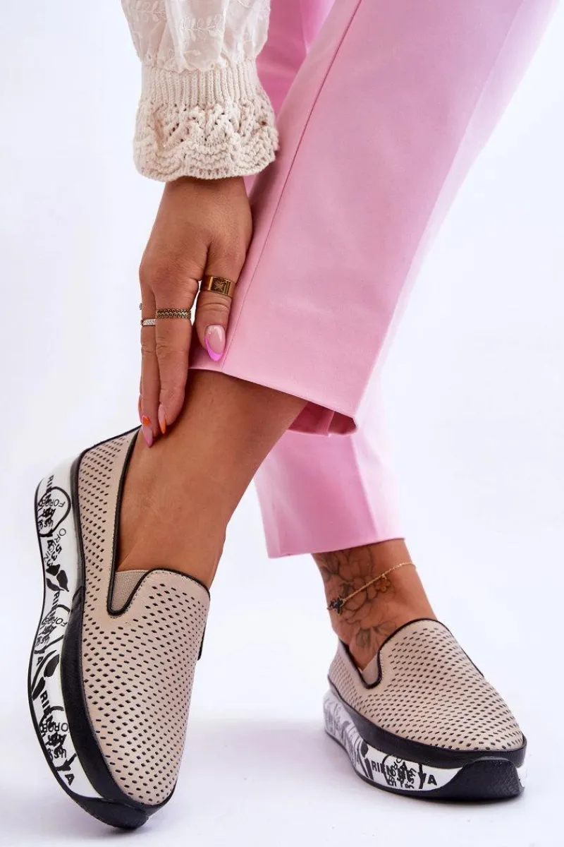 Sale Damskie buty S.Barski Damskie Ażurowe Skórzane Tenisówki Slip-On Beżowe Sorito