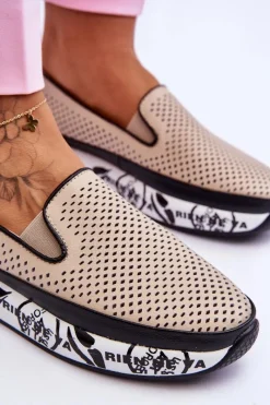 Sale Damskie buty S.Barski Damskie Ażurowe Skórzane Tenisówki Slip-On Beżowe Sorito