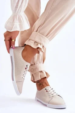 Trampki Damskie Niskie>Damskie buty S.Barski Damskie Ażurowe Skórzane Trampki Beżowe S.Barski LR952 Beżowy