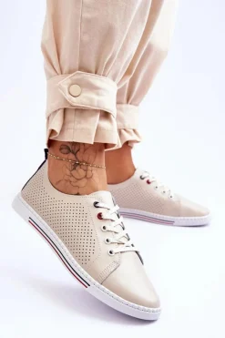 Trampki Damskie Niskie></noscript>Damskie buty S.Barski Damskie Ażurowe Skórzane Trampki Beżowe S.Barski LR952 Beżowy