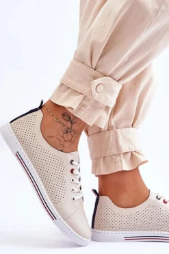 Trampki Damskie Niskie></noscript>Damskie buty S.Barski Damskie Ażurowe Skórzane Trampki Beżowe S.Barski LR952 Beżowy