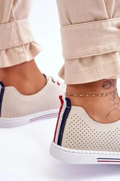 Trampki Damskie Niskie></noscript>Damskie buty S.Barski Damskie Ażurowe Skórzane Trampki Beżowe S.Barski LR952 Beżowy