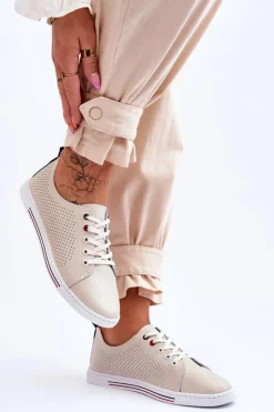 Trampki Damskie Niskie></noscript>Damskie buty S.Barski Damskie Ażurowe Skórzane Trampki Beżowe S.Barski LR952 Beżowy