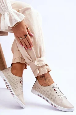 Trampki Damskie Niskie></noscript>Damskie buty S.Barski Damskie Ażurowe Skórzane Trampki Beżowe S.Barski LR952 Beżowy