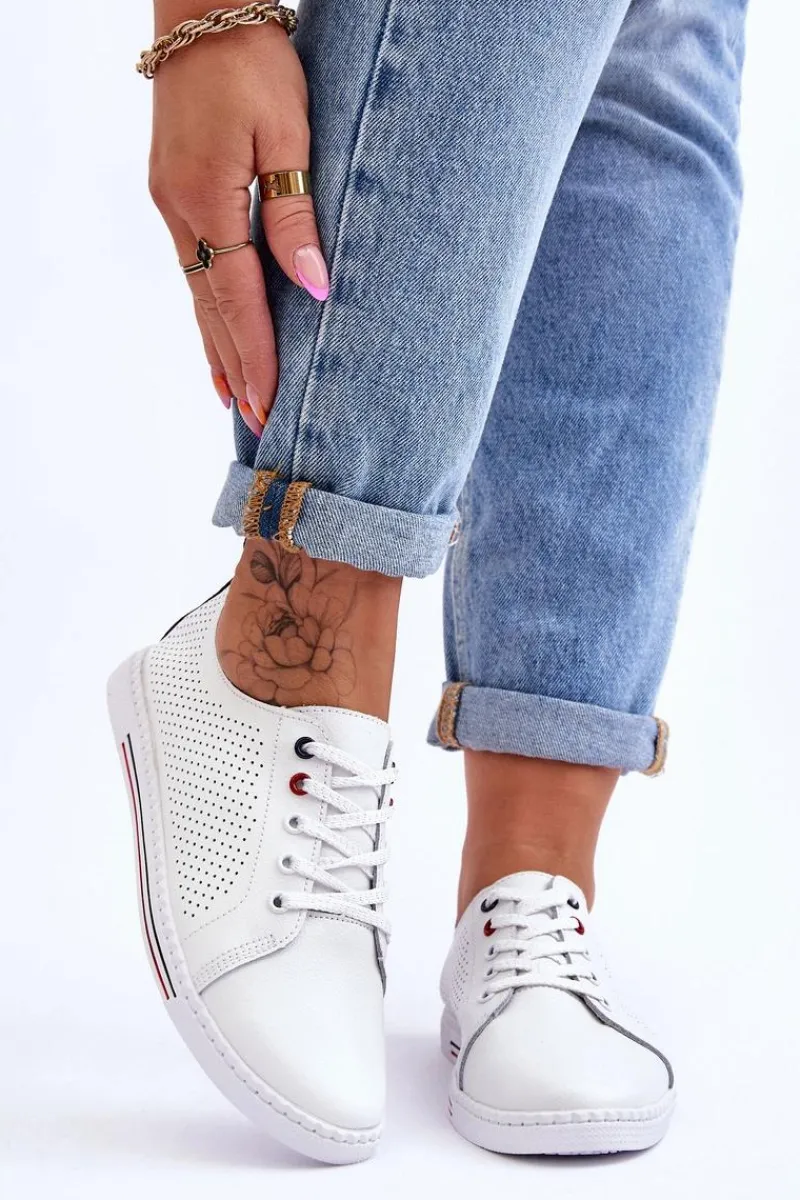 Clearance Damskie buty S.Barski Damskie Ażurowe Skórzane Trampki Białe S.Barski LR952