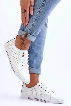 Clearance Damskie buty S.Barski Damskie Ażurowe Skórzane Trampki Białe S.Barski LR952