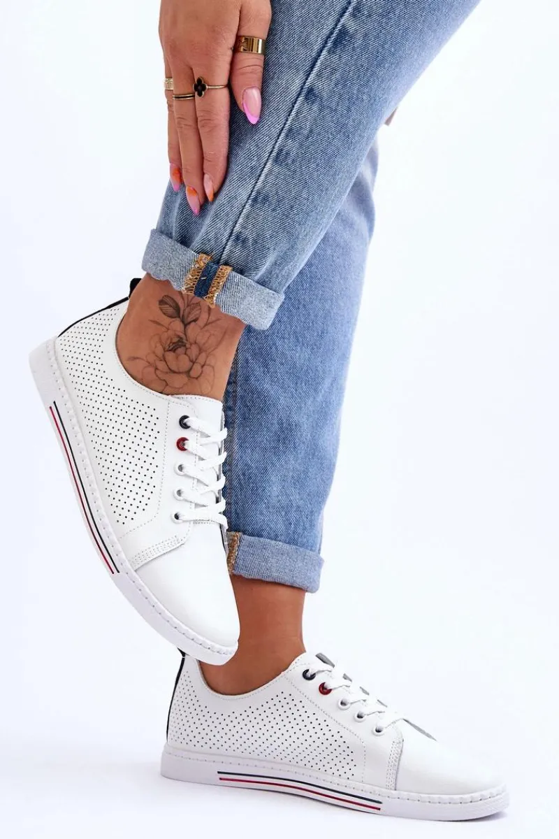 Clearance Damskie buty S.Barski Damskie Ażurowe Skórzane Trampki Białe S.Barski LR952