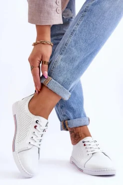 Clearance Damskie buty S.Barski Damskie Ażurowe Skórzane Trampki Białe S.Barski LR952