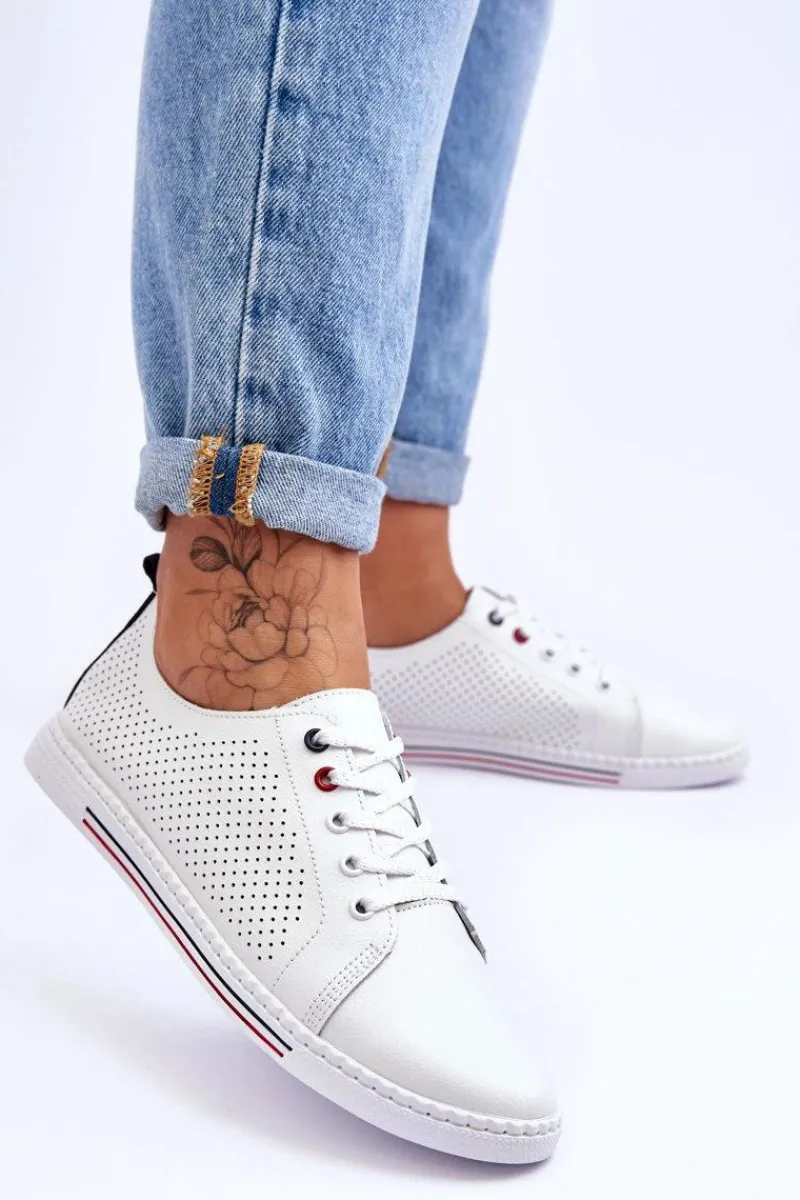 Clearance Damskie buty S.Barski Damskie Ażurowe Skórzane Trampki Białe S.Barski LR952