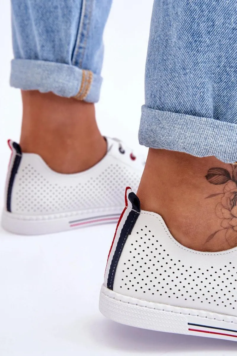 Clearance Damskie buty S.Barski Damskie Ażurowe Skórzane Trampki Białe S.Barski LR952