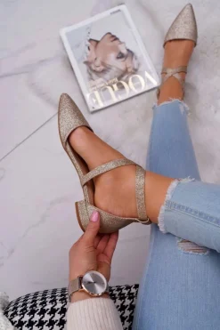 Online Damskie Balerinki Brokatowe w Szpic Złote Vontare Damskie Baleriny Klasyczne