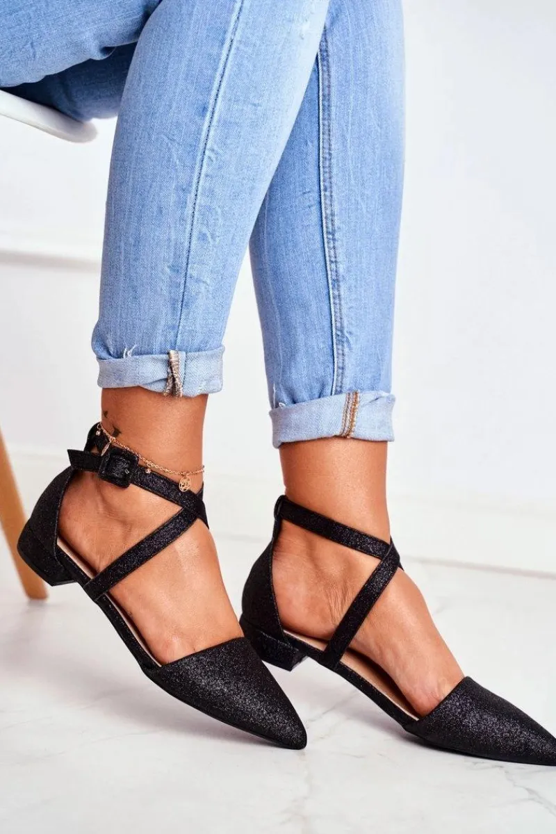 Baleriny Klasyczne>Boto Damskie Balerinki Brokatowe w Szpic Czarne Vontare