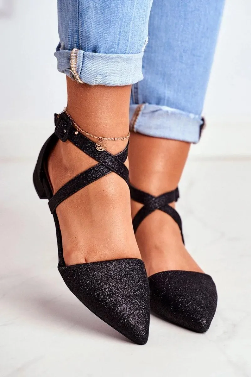 Baleriny Klasyczne>Boto Damskie Balerinki Brokatowe w Szpic Czarne Vontare