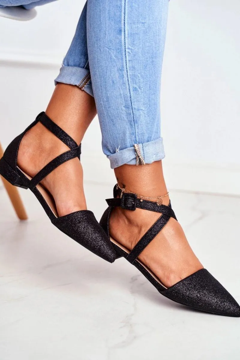 Baleriny Klasyczne>Boto Damskie Balerinki Brokatowe w Szpic Czarne Vontare