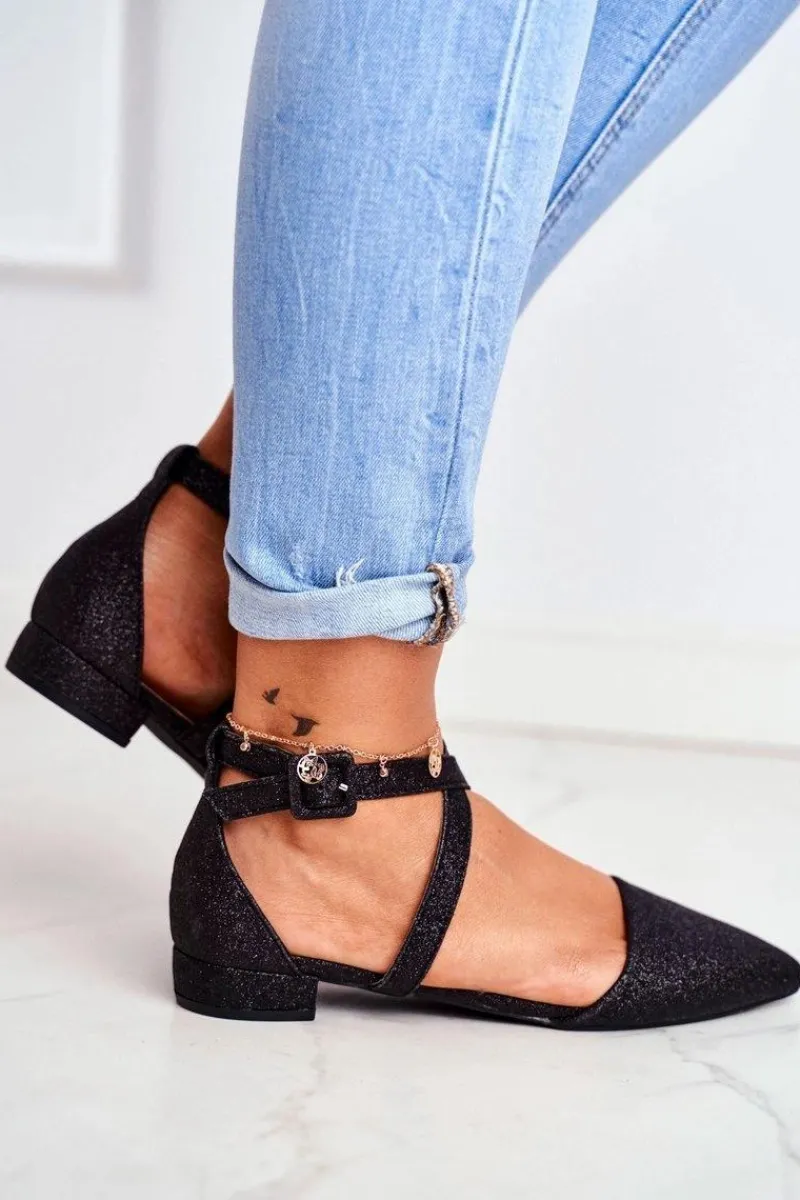 Baleriny Klasyczne>Boto Damskie Balerinki Brokatowe w Szpic Czarne Vontare