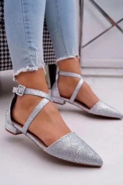 Boto Damskie Balerinki Brokatowe w Szpic Srebrne Vontare