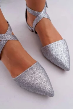 Boto Damskie Balerinki Brokatowe w Szpic Srebrne Vontare