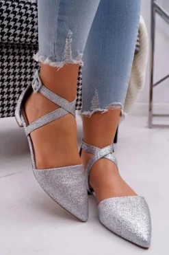 Boto Damskie Balerinki Brokatowe w Szpic Srebrne Vontare