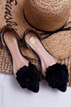 Baleriny Klasyczne>Boto Damskie Balerinki Lu Boo Czarne Z Kwiatem Transparentne Dairin