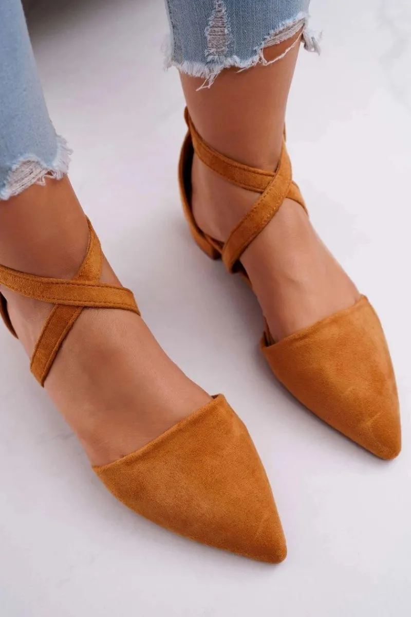 Clearance Boto Damskie Balerinki Zamszowe w Szpic Camel Vontare