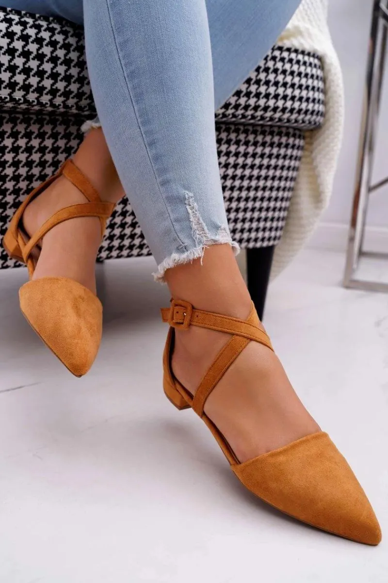 Clearance Boto Damskie Balerinki Zamszowe w Szpic Camel Vontare