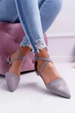 Baleriny Klasyczne>Boto Damskie Baleriny Szare Zamszowe W Szpic Medena