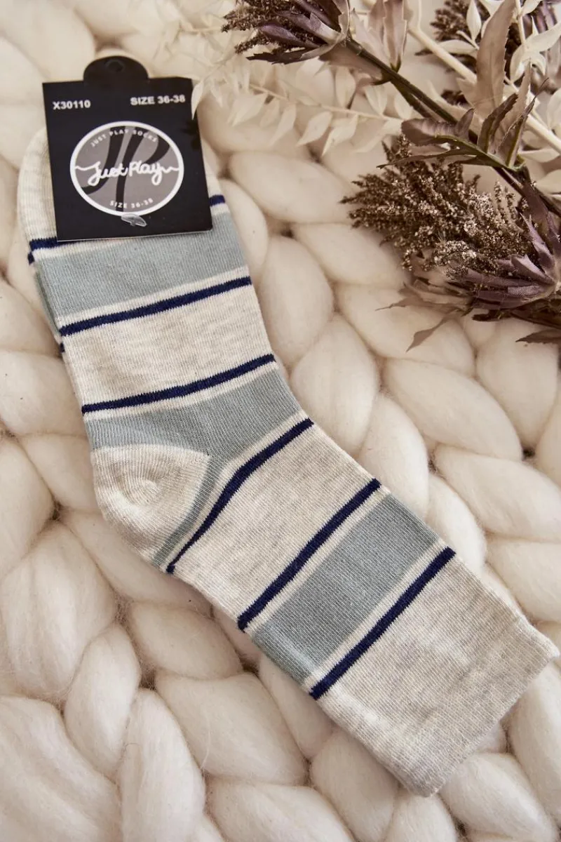 Skarpetki|Skarpetki>Just Play Damskie Bawełniane Klasyczne Skarpety W Pasy Beżowo-Zielone