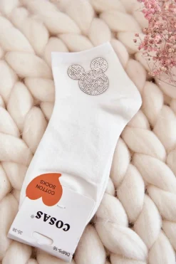 New COSAS Damskie Bawełniane Skarpetki Z Cyrkoniami Białe