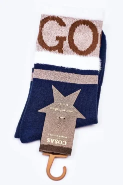 Hot COSAS Damskie Bawełniane Skarpetki GO-GO Z Futerkiem Granatowe