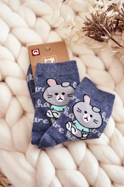 Clearance Aura.via Damskie Bawełniane Skarpetki Zajączek Niebieskie