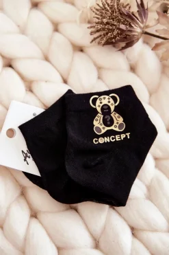 Skarpetki|Skarpetki>Aura.via Damskie Bawełniane Skarpetki Ze Złotym Misiem Czarne