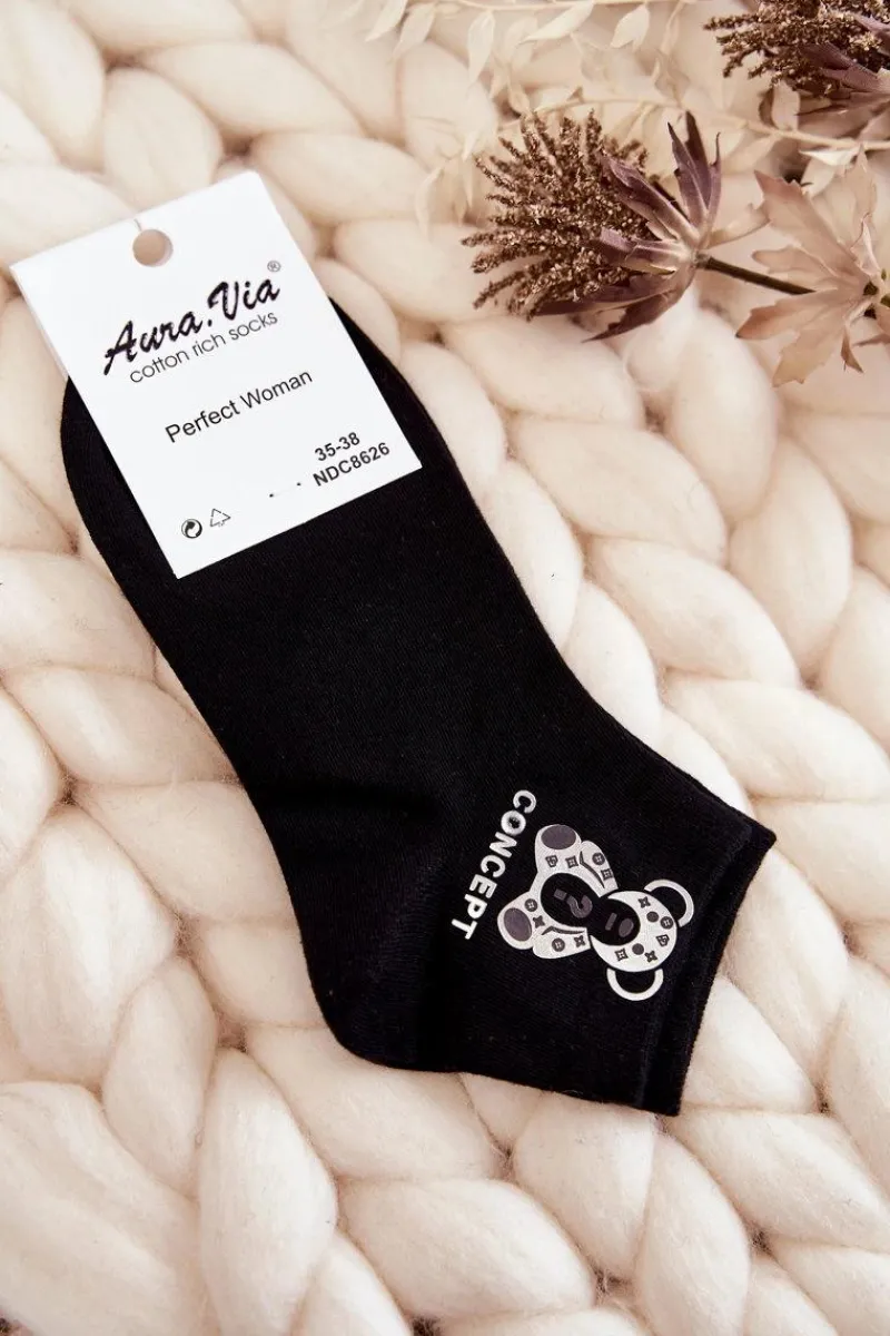 Skarpetki|Skarpetki>Aura.via Damskie Bawełniane Skarpetki Ze Srebrnym Misiem Czarne