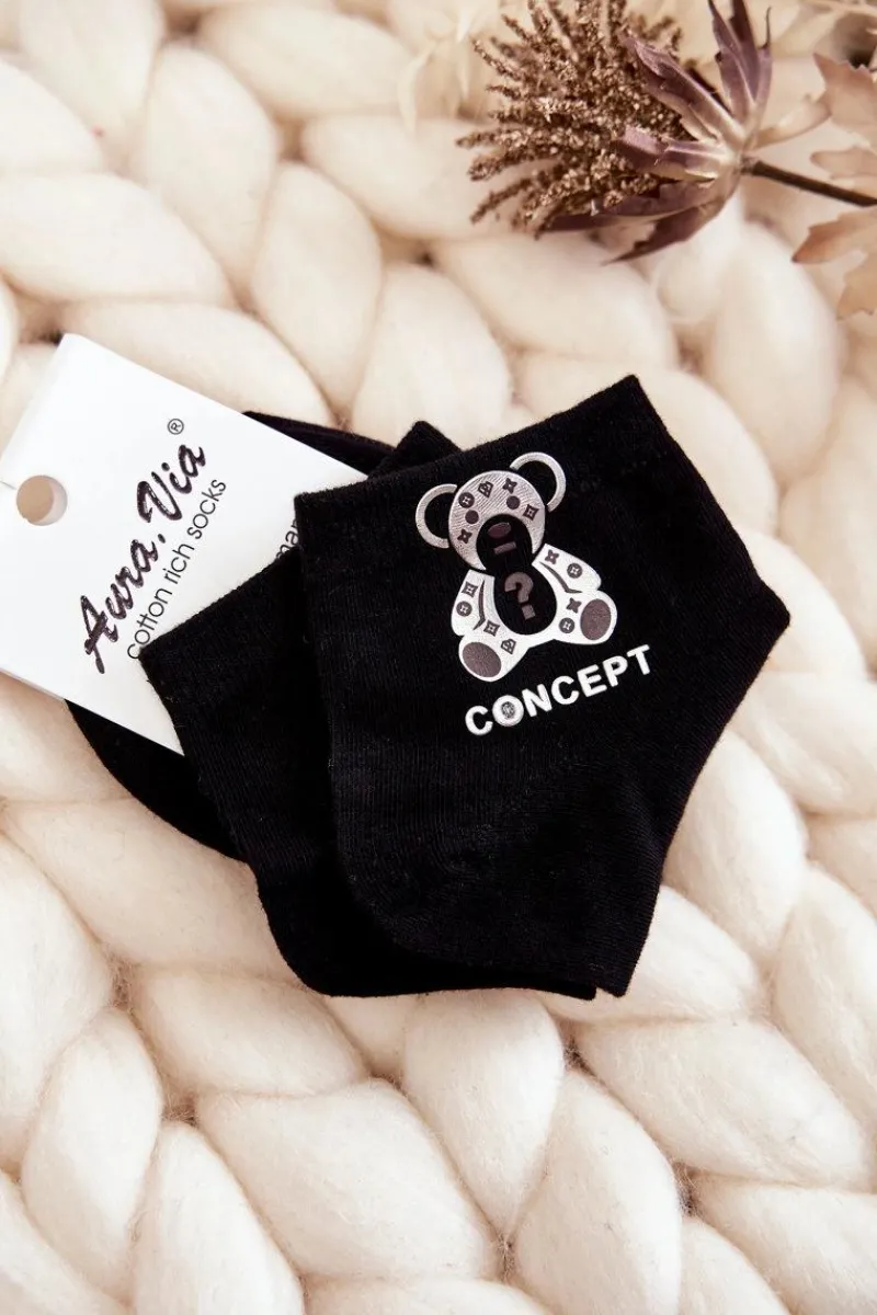 Skarpetki|Skarpetki>Aura.via Damskie Bawełniane Skarpetki Ze Srebrnym Misiem Czarne