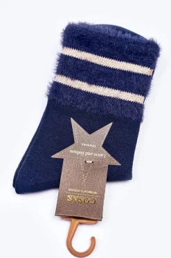 Hot COSAS Damskie Bawełniane Skarpetki Z Futerkiem Granatowe